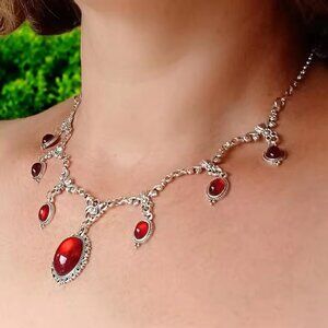 Goth Vampire Silver-Tone Necklace with Blood-Red Cabochon Stones